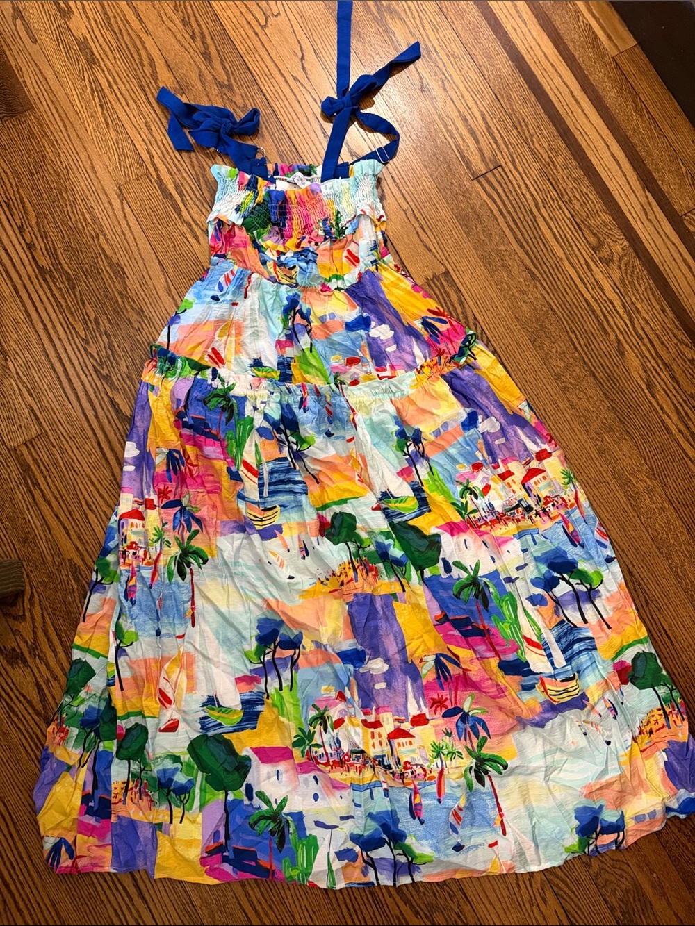 Colorful Tropical Print Kids Dress with Blue Tie Straps